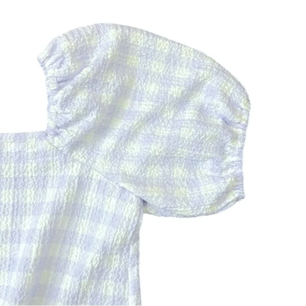 Loft Gingham Square Neck Tie Front Puff Sleeve Lilac White Top XS